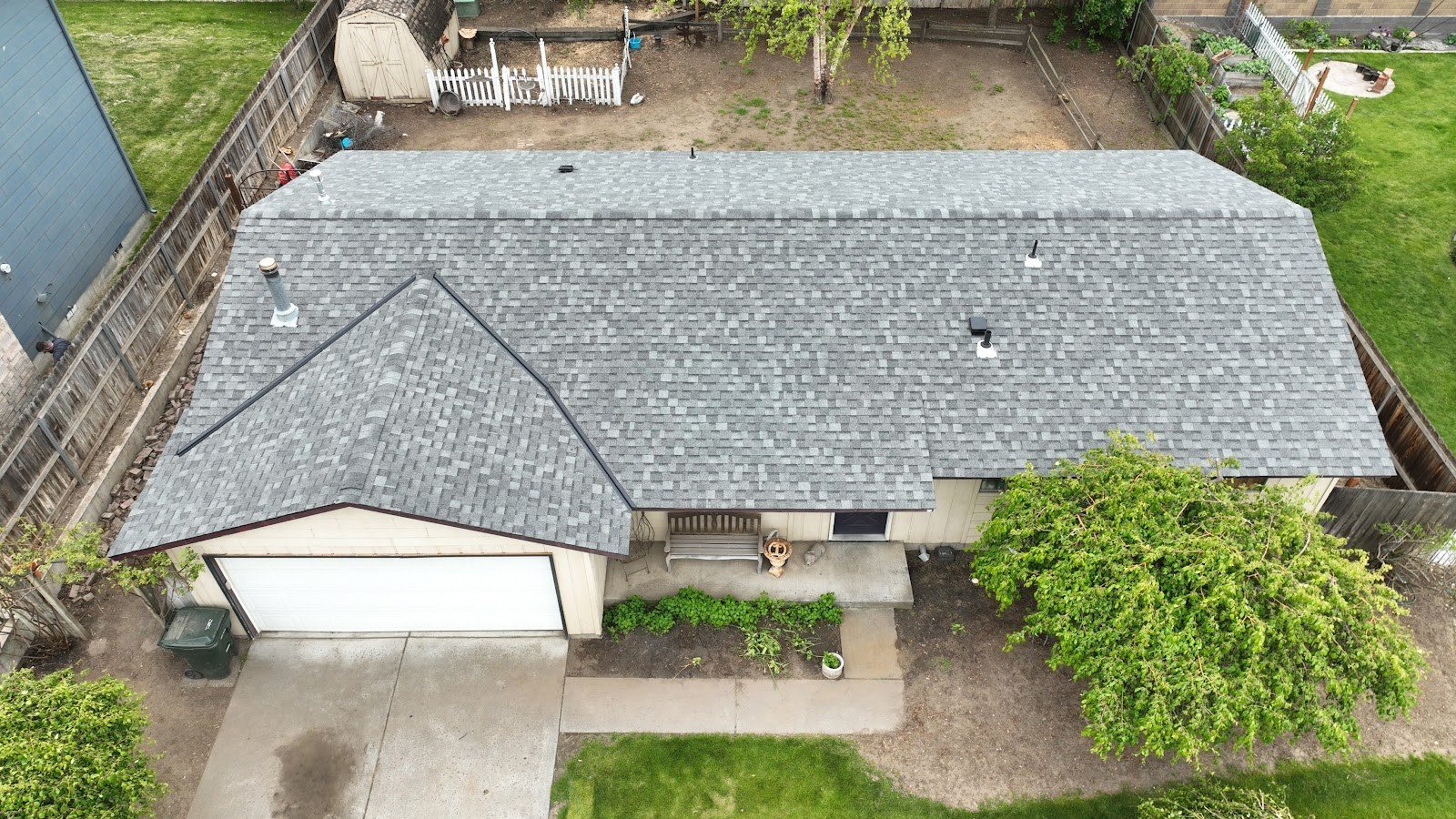 Aerial view of a completed shingle roof on an Irrigon ranch home