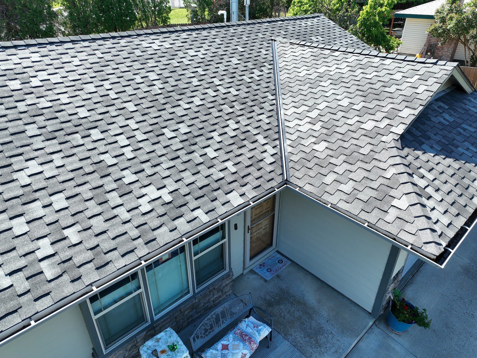 New architectural shingle roof on an Irrigon home, shot from above by Elias Construction
